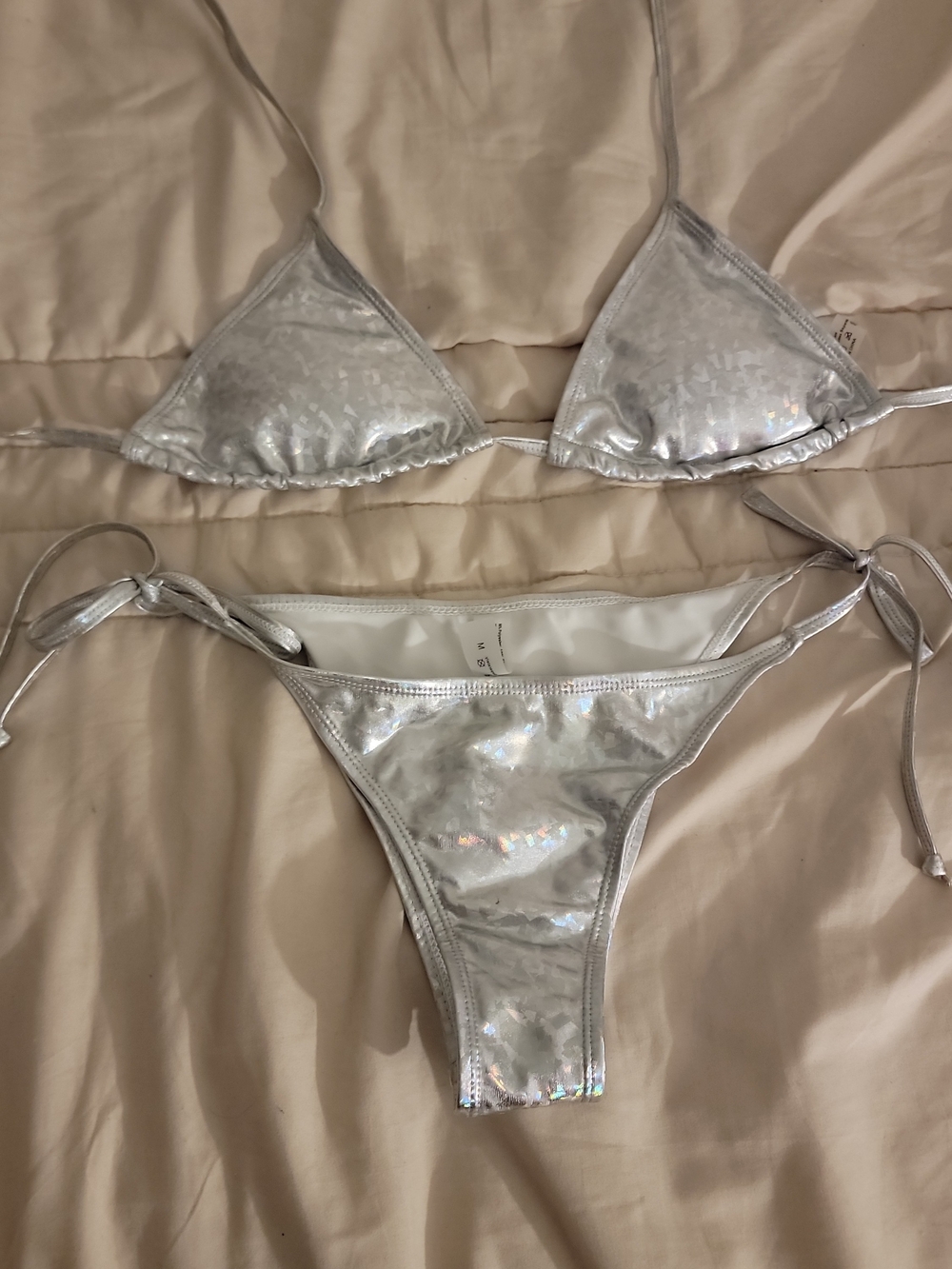 SHEIN Silver Holographic Triangle Tie Bikini